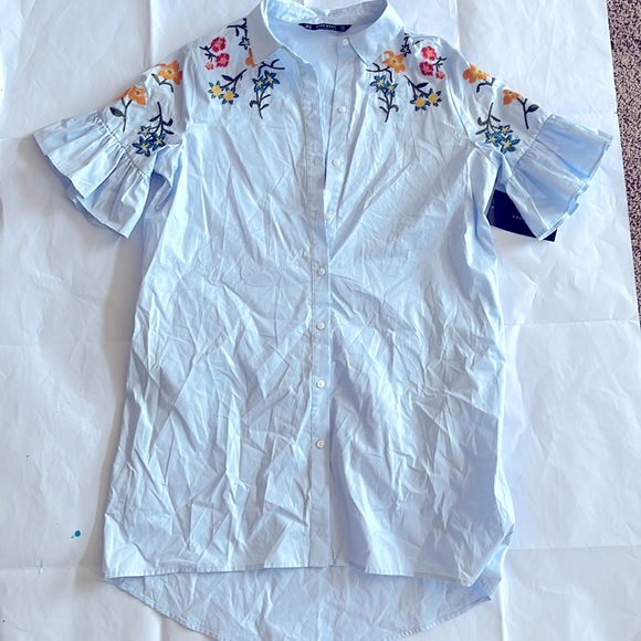 Zara Dresses & Skirts - Zara blue cotton shirt dress short sleeves embroidered